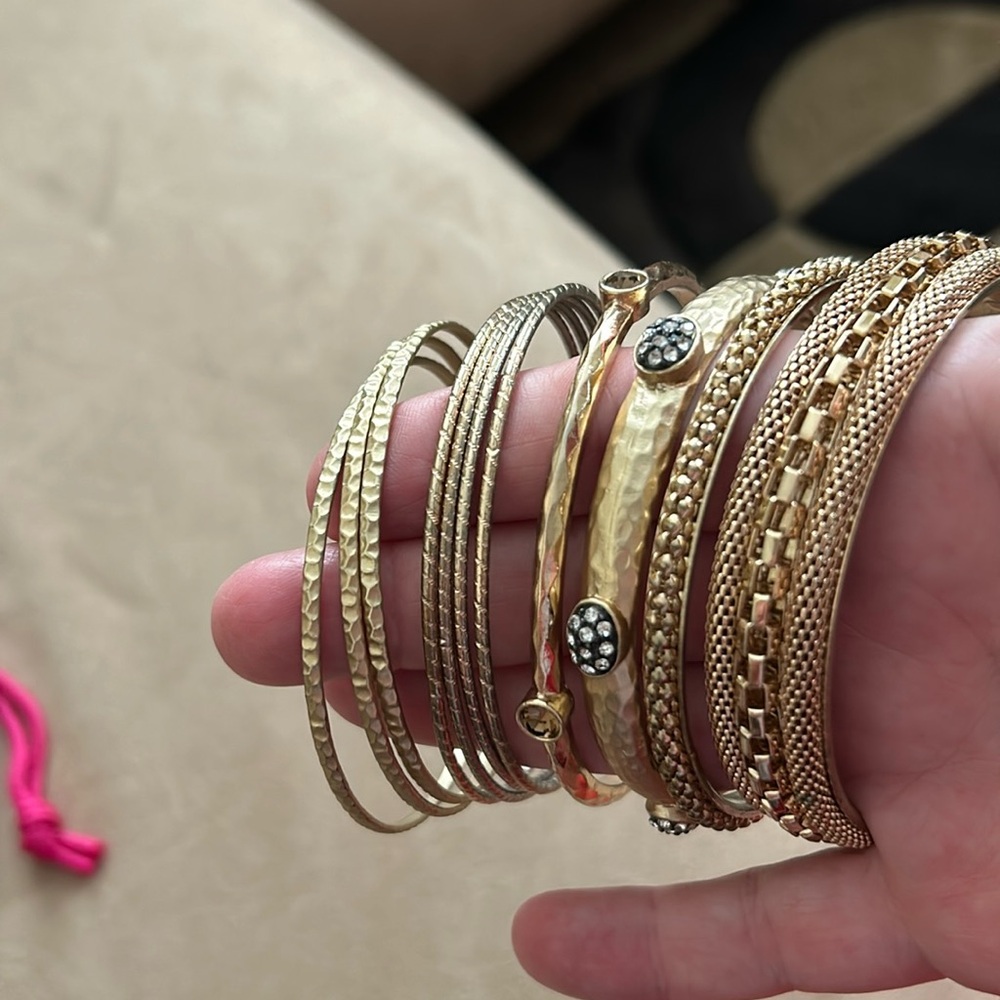 Six Gold Bangle Bracelets, Different Styles - image 1